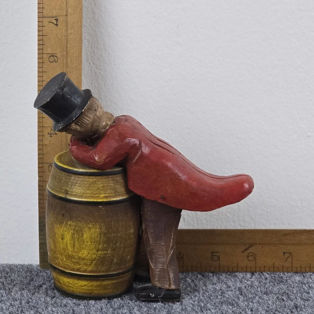 Vintage Mid Century Wood Figural Man Barrel‎ Trinket Box Folk Art